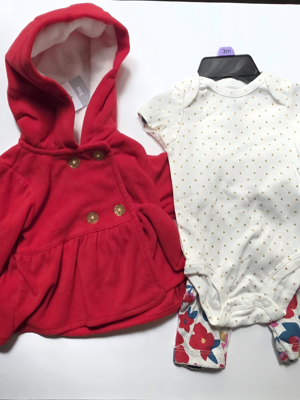 Carter's Red Hooded Peacoat with White Bodysuit and Gold Dot Detail
